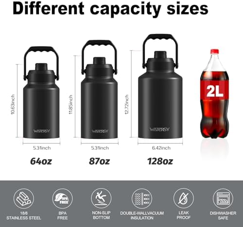 1 Gallon Water Bottle Insulated(Cold for 48 Hrs),BPA Free&Leak Proof,128oz Stainless Steel Water Jug with Handle for Gym,Hiking,Camping&Travel,Black Large Thermo