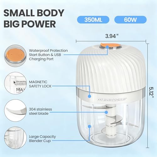 Electric Garlic Chopper 350ML, Mini USB Rechargeable Veggie Chopper, Cordless Garlic Mincer Onion Chopper Food Chopper for Ginger Chili Meat Sauce, Wireless Food Processor, White - Image 3