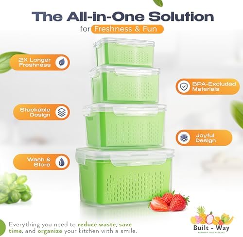 Fruit Storage Containers for Fridge - Set of 4 - Airtight Lid Keeps Fresh - For Fruit & Vegetable Storage - Space-Saving Design - Ideal for Produce, Berries, Snacks - Green