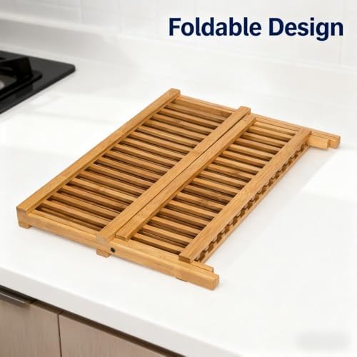 Dish Drying Rack Collapsible 2-Tier Bamboo Dish Rack for Kitchen Counter Wooden Dish Drainer with Foldable Space-Saving Design for Dishes, Plates, and Cups