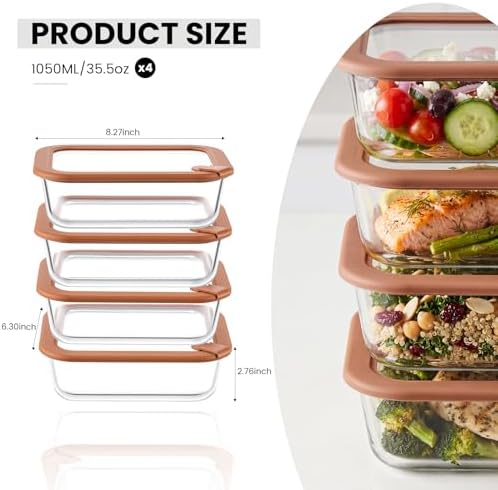 Glass Food Storage Containers with Glass & Silicone Lids, 35oz,Brown