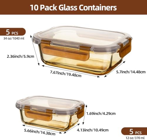 10 Pack Amber Glass Meal Prep Containers 34oz & 12oz with Leak Proof Lids