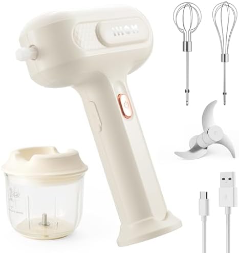 3-in-1 Hand Mixer, hand mixer electric handheld with Garlic Chopper to Cutting Onions, Peppers, 3-Speed Self-Control Electric Mixer with Type-C Charging Cable for Whipping or Mixing Eggs, Cream by IHOM