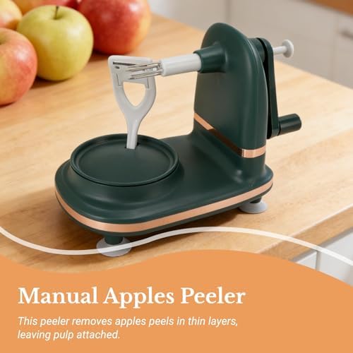 Manual Apples Peeler, Fruit Peeler Machine with Divider Fruit Peel Tool with Suction Base for Home Kitchen Pie Making (Dark green)