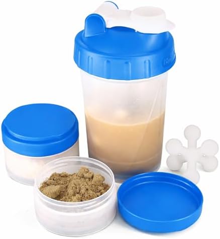 Hydro2Go 16oz Protein Shaker Bottle with Shaker Ball and 2 Storage Jars | BPA-Free Plastic Cup with Clear Measurement Scale | Perfect for Protein Mixes and Pills | Portable Pre-Workout Drink Cup（Blue） by Hydro2Go