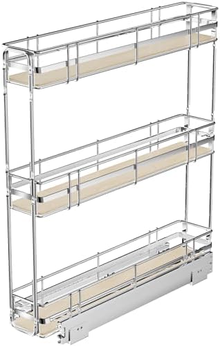Pull Out Spice Rack Cabinet Organizer 5" W x 20½" D, 3 Tier Heavy Duty Slide Out Wood Shelf for Narrow Cabinet, Pull Out Storage for Kitchen