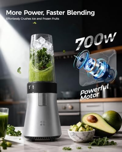 iCucina Smoothie Blender, 700W Personal Mixer for Shakes and Smoothies, Single-Serve Blender with 2 x 28 Oz Portable Cups, Silver, for Ice Crushing and Frozen Fruit Drinks - Image 3