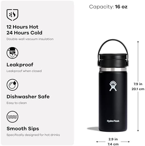 Hydro Flask Water Bottle - Insulated Stainless Steel - Wide Mouth Flex Sip Lid, Non Spill, Leakproof and Refillable in 16 Oz White