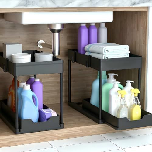 Under Sink Organizer 2 Pack,2 Tier Slide Out Storage for Kitchen Bathroom