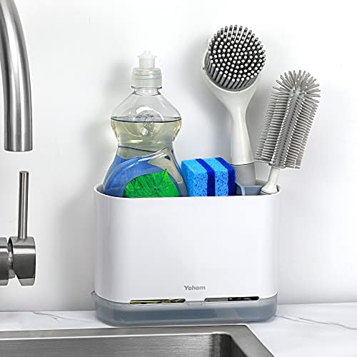 Kitchen Sink Caddy Sink Organiser with Drip Tray Kitchen Sponge Holder Brush Holder with Adjustable Compartments Washing Utensils Organiser Kitchen Sink Utensil Holder