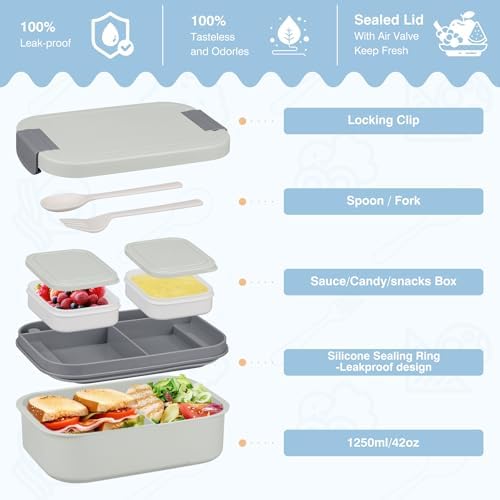 Bento Lunch Box Set with 10.5oz Soup Thermo Food Jar for Adults Kids, Stainless Steel Leak-proof Lunch Container with 4 Compartment, Coffee Tumbler with Lunch Bag for School Travel Office-Grey
