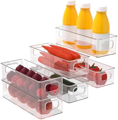 Set of 6 Refrigerator Pantry Organizer Bins - Stackable Fridge Organizers with Handles for Pantry, Freezer, Kitchen, Countertops, Cabinets - Clear Plastic Food Storage Bins
