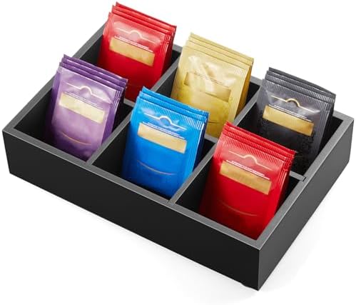 Tea Bag Organizer, Tea Bag Drawer Organizer, Wooden Tea Bag Holder, Tea Chest with 6 Compartments, Tea Organizer Storage Box, Tea Caddy for Tea Bags Organizer, Black