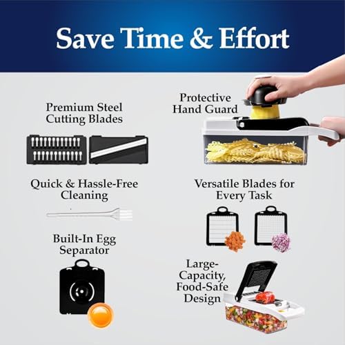 Vegetable Cutter 12-in-1, Multi-Purpose Vegetable Slicer and Chopper with 7 Interchangeable Blades, Container, Egg Separator, Hand Protector & Cleaning Brush – Vegetable Choppers & Salad Cutter - Image 7
