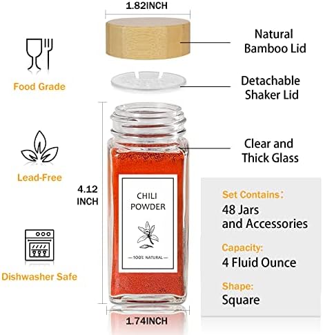 Spice Jars with Lable, 48 Pcs 4 oz Glass Spice Jars with Bamboo Lids, Spice Containers Bottles, Glass Seasoning Jars with Shaker Lids, Collapsible Funnel, for Spice Racks, Pantry,Cupboard