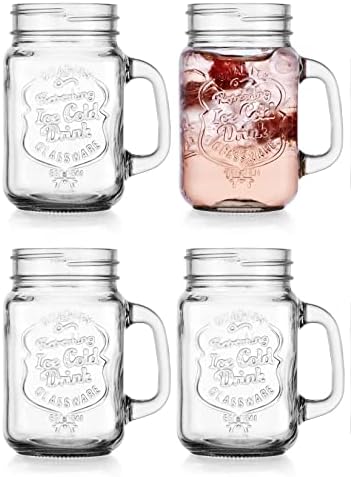 Mason Drinking Jars – Set of 4, 15.25 Oz Clear Glass Jar with Handle and Lid. – Ice-Cold Drink Glassware Logo – Glass Mugs Ideal for Cold Beverages, Juice, Smoothie, Cocktails.