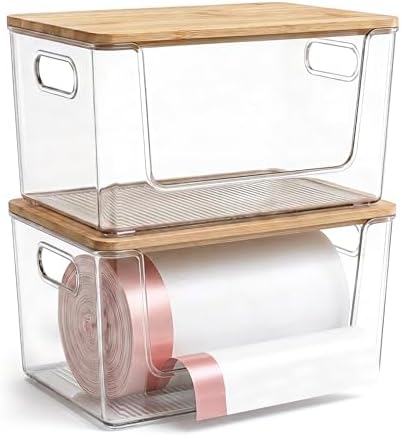 Trash Bag Holder 2 Pack, Stackable Garbage Bag Dispenser with Bamboo Lid, Large Capacity Under Sink Organizer for 13/30/33 Gallon Bags, Clear Storage Bins for Kitchen, Laundry Room
