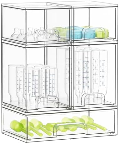 Bottle Storage Organizer Baby - Acrylic Bottles Station Organizer Container, Stackable Clear Drawers for Countertop, Vanity, Bathroom, Cabinet, Pantry Organization, 5 Pack, 2S2M1L, 15.4"H