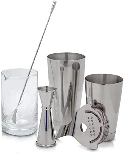 Professional Bartending Set for Shaken and Stirred Drinks: Boston Cocktail Shaker, Hawthorne Strainer, Japanese Jigger, Bar Spoon and Crystal Mixing Glass
