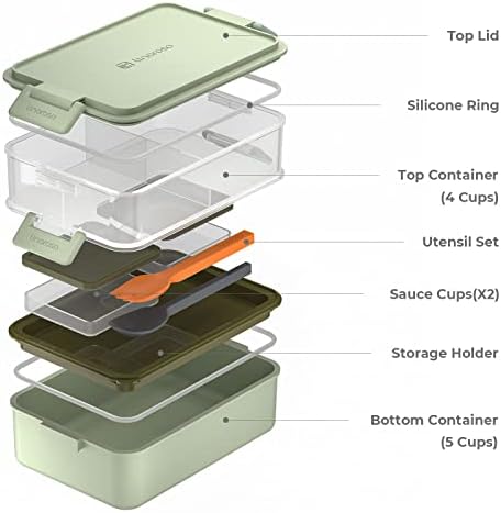 Stackable 2-Tier Adult Bento Box, 4 Compartments - Pale Mint
