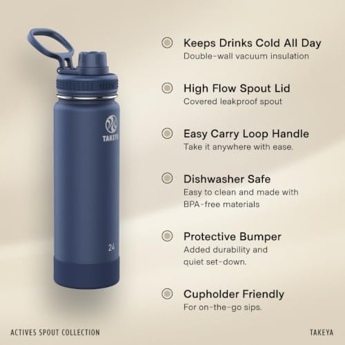 Actives Stainless Steel Water Bottle, Insulated Spout Lid, Keeps Drinks Cold 24 Hrs, Leakproof, Durable, Dishwasher Safe, Ideal for Gym, Travel, Fits Most Cup Holders, 24 oz/Onyx
