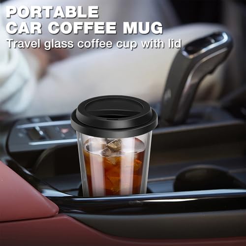 2 Packs Double Walled Glass Coffee Mugs with Silicone Lids, 12 OZ Reusable Glass Coffee Cups, Insulated Coffee Mugs, Cappuccino,Tea,Latte,Iced Coffee Cups, Glass Travel Mug, Heat Resistant