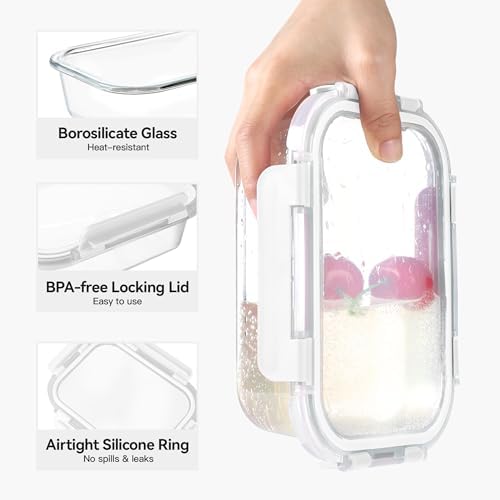 10 Pack 22 oz Glass Meal Prep Containers, Glass Food Storage Containers with Airtight Lids, BPA-Free, Freezer and Microwave Safe, White