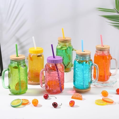 Mason Jars with Handle Colorful Drinking Glasses with Lids Straws