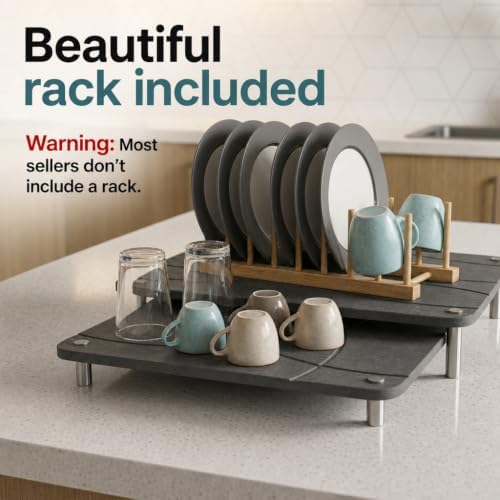 Nested Dish Drying Stone Mat with Bamboo Rack | Large 16"x12" Dish Drying Mat plus 13"x12" Diatomaceous Earth Stone Mat | Expands to 29” x 12” | Premium Stone Mat for Kitchen Counter (Dark Gray)
