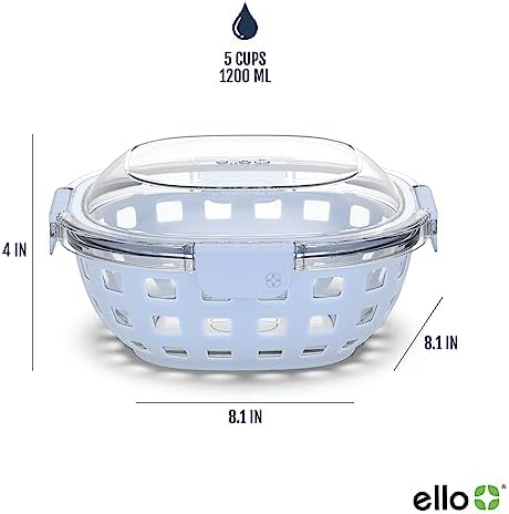 DuraGlass Food Storage Glass Lunch Bowl Container - Meal Prep Container with Silicone Sleeve and Airtight Lid, 5 Cup, Blue