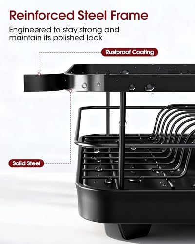 Stainless Steel Dish Drying Rack for Kitchen Counter, Sink Organization and Storage Essentials with Silverware & Utensil Holder, Home and Apartment Decor, 12''W x 15.5''L, Black