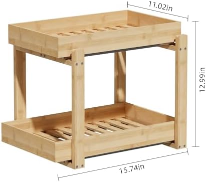 2 Pack Bamboo Under Sink Organizer, 2-Tier Pull Out Storage Drawers