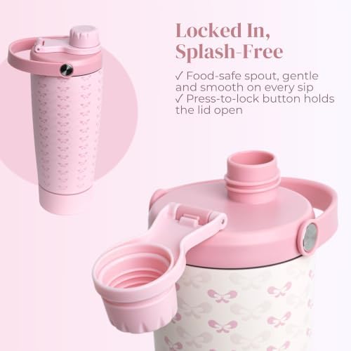 Elanelle 20oz Insulated Stainless Steel Shaker Bottle with Storage Base, Strainer Lid Protein Shaker Cup for Gym, Ball-Free Quiet Mixing, Carry Handle, BPA-Free, Pink (Candy Bow) - Image 4
