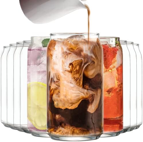 Set of 10 Patented Can Shaped® Drinking Glasses - 16oz Clear Irish Glass Cups for Margarita, Cocktails, Iced Coffee, Tea, Soda, Whiskey, Water and Beer.