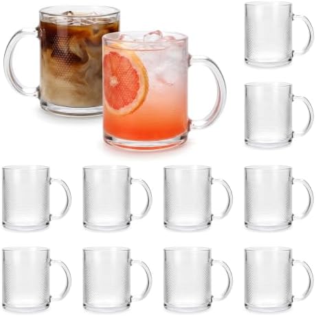 12oz Clear Embossed Glass Coffee Mugs Set of 12, Glass Mugs with Handles