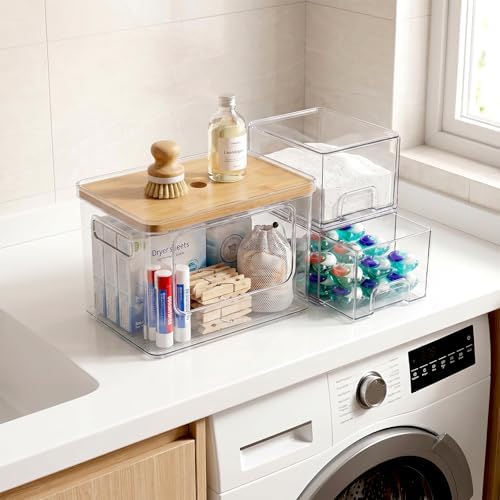 Under Sink Organizer 3 in 1, Stackable Acrylic Bathroom Storage, Trash Bag Dispenser and Dishwasher Pods Holder for Kitchen and Laundry Room Organization