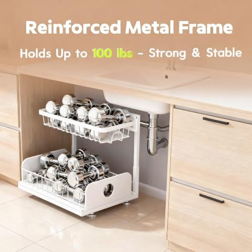 Under Sink Organizer, 2 Pack Under Kitchen Cabinet Organizer, Height Adjustable Pull Out Mute Slide-Out 2 Tier Metal Under Sink Storage for Bathroom, Pantry, Kitchen & Bedroom (White, 2 Pack)
