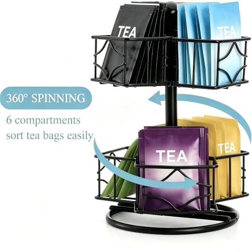Tea Bag Organizer, 360 Degree Tea Bag Spining Carousel Organizer with 6 Compartments, Lazy Susan Sugar Coffee Creamer Caddy for Kitchen Counter Cabinet Organizer, Up to 60 Tea Bags Storage