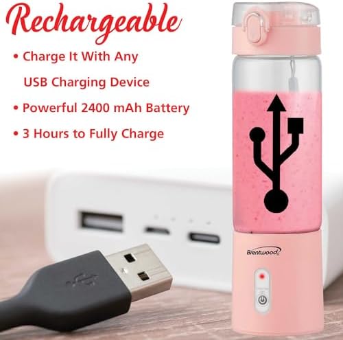 Brentwood 50-Watt 17-Oz. Portable Battery-Operated USB-Chargeable Glass Blender (Pink) - Image 2