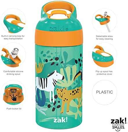 16oz Riverside Kids Water Bottle with Spout Cover and Built-in Carrying Loop, Made of Durable Plastic, Leak-Proof Water Bottle Design for Travel (Dino Camo & Safari, Pack of 2)
