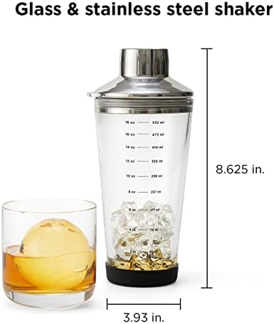 18 oz Glass Cocktail Shaker with Printed Measurements, Multi-Use Stainless Steel Topper with 1.5 oz Jigger Cap and Strainer, 3.94 x 3.54 x 9.06 IN