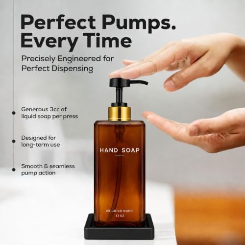 Amber Glass Hand and Dish Soap Dispenser Set - 12oz Kitchen Soap Dispenser Set with Tray and Pump for Kitchen Sink - Organic Modern Home Decor for Restaurants, Hotel, Gifts (Amber)