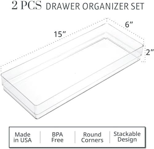 SimpleSort 2-Piece Stackable Clear Drawer Organizer Set | 15" x 6" x 2" Rectangle Trays | Wide Makeup Vanity Storage Bins and Office Desk Drawer Dividers | Made in USA