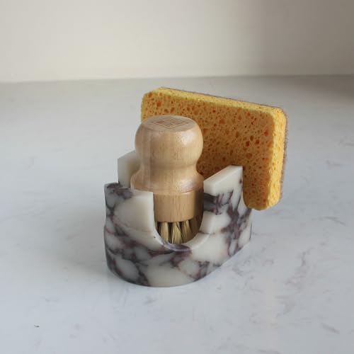 Natural Travertine Marble 2-Slot Sponge Holder for Kitchen Counter, 2-in-1 Stone Drying Rack, Sponge Caddy for Sink Organizer - Calacatta Viola Marble