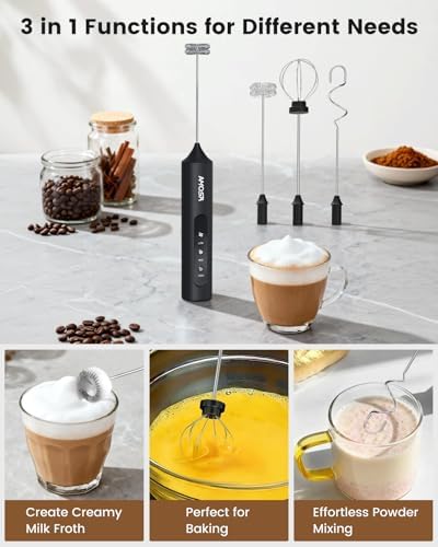 AMOSA Milk Frother Handheld with Stand & Case, 3-Speed & 3 Whisks - Image 2
