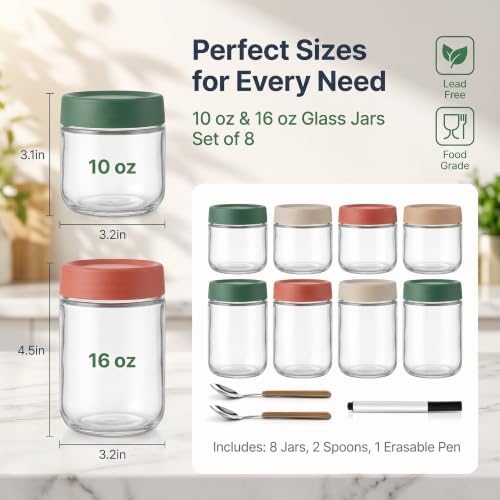 8 Pack Overnight Oats Containers with Lids, Large & Small Glass Mason Jars 16oz & 10 oz, Breakfast Oatmeal Container to Go, Salad Meal Prep Jars for Food Storage, Mush Chia Seed Pudding Jars