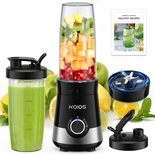 KOIOS Smoothie Blender, 900W Blenders for Kitchen with 27oz No-BPA Portable Bottles Spout Lids, 3 Modes Personal Mixer Blender for Shakes Smoothies Frozen Drinks Baby Food, Recipe (WBL702 Black) by KOIOS