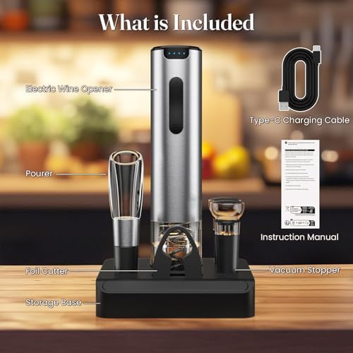 Electric Wine Opener, Automatic Wine Opener with Foil Cutter, Vacuum Stopper, Pourer, Rechargeable Wine Bottle Opener - Party Favor, Christmas Gift for Wine Lover