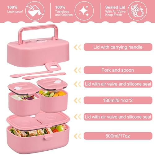 Bento Lunch Box with 8oz Soup Thermo, Kids Sustainable Bento Box Leakproof Lunch Food Containers with Lunch Bag, Kids Thermo Insulated Hot Food Jar for School, Trvael (Pink)