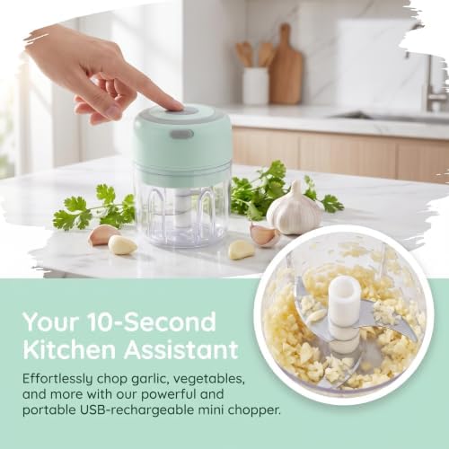 250ml Electric Mini Garlic Chopper, 304 Stainless Steel Food Processor, Powerful Large Capacity Motor For Fast Chopping, Grinding & Pureeing White - Image 6